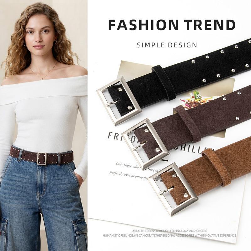 Women'S Real Y2K Fashion - Cinturón ancho de cuero genuino vintage