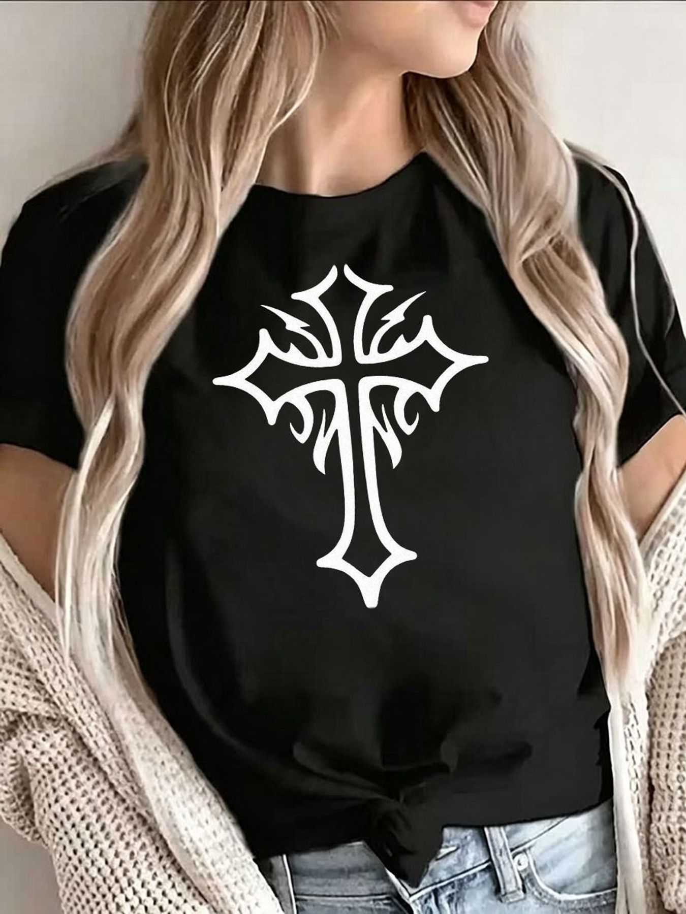 Women'S Y2K Fashion Aesthetic - Camiseta con Gráfico de Cruz Gótica