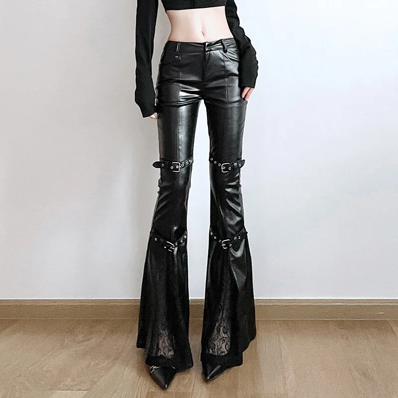 Women'S Y2K Fashion Aesthetic - Pantalones acampanados de cuero PU para